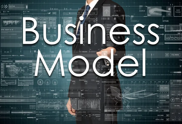 The businessman is presenting the business text with the hand: Business Model