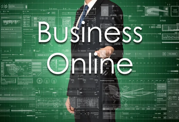The businessman is presenting the business text with the hand: Business online