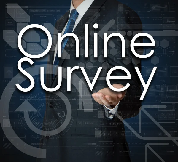 The businessman is presenting the business text with the hand: Online Survey