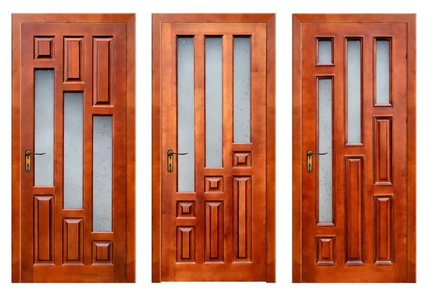 Group of closed wooden entrance doors isolated on white with paths