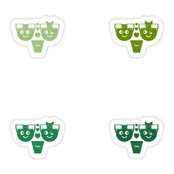 Set of paper stickers on white background man woman popcorn