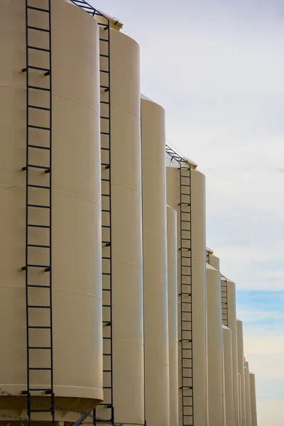 Row of grain bins with ladders