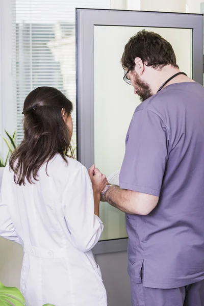 Girl Doctor in a white coat with a stethoscope and male doctor with book