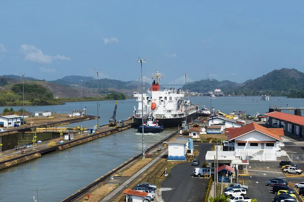 Cargo ship in the Miraflores Locks in the Panama Canal, in Panama