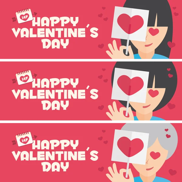 Happy Valentines day card. 3 banner for Valentines Day promotion. Young, Adult and Grandmother with lollipop