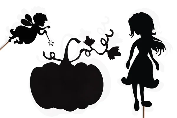 Fairy Godmother, Cinderella and Pumpkin shadow puppets on white