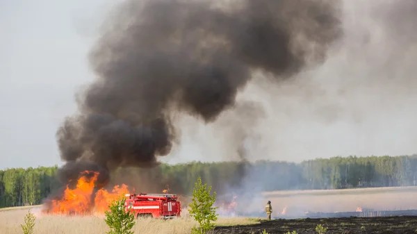 CHELYABINSK, RUSSIA - May 15, 2015: fire truck puts out in a field a forest fire fire truck puts out in a field a forest fire
