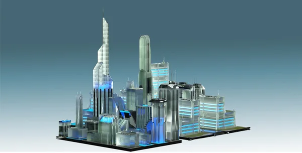 Model skyscrapers of a virtual city of the future glass 3D render