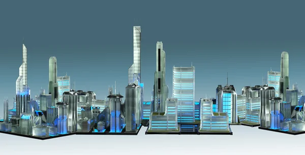 Model skyscrapers of a virtual city of the future glass 3D render