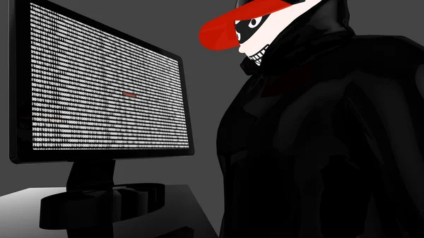 Fierce hacker with black coat and baseball cap spying