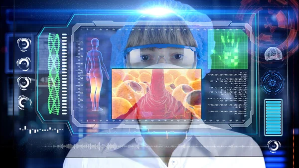 Doctor with futuristic hud screen tablet.  Fat cells. Medical concept of the future