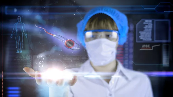 Female doctor with futuristic hud screen tablet. Sperm, spermatozoons ovule to egg cell. Medical concept of the future