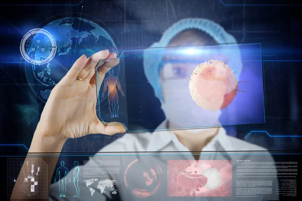 Female doctor with futuristic hud screen tablet. Sperm, spermatozoons ovule to egg cell. Medical concept of the future
