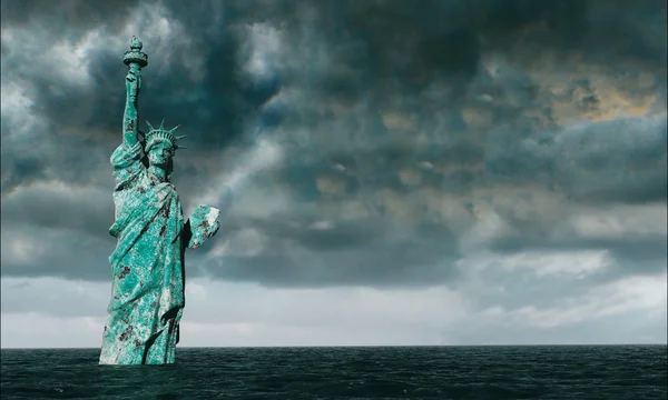 Apocalyptic water view. Old Statue of liberty in Storm. 3d render