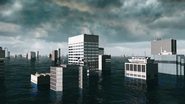 Apocalyptic water view. urban flood. Storm. 3d render