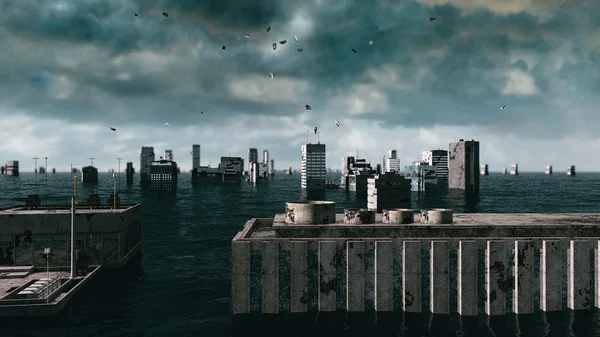 Apocalyptic water view. urban flood. Storm. 3d render