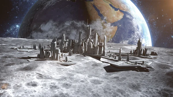 Futuristic city, town on moon. The space view of the planet earth. 3d rendering