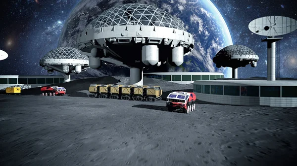 Futuristic city, town on moon. The space view of the planet earth. 3d rendering
