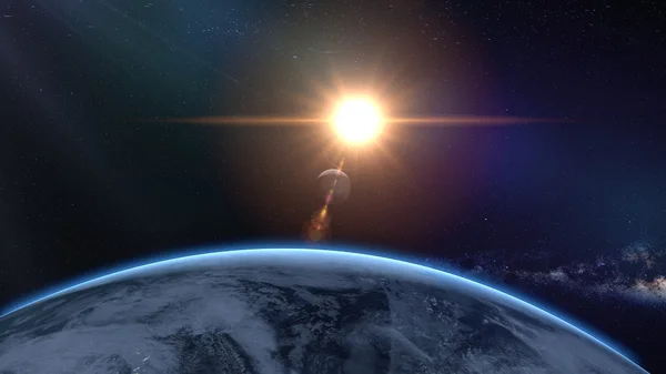 Sunrise over earth as seen from space. With stars background. 3d rendering