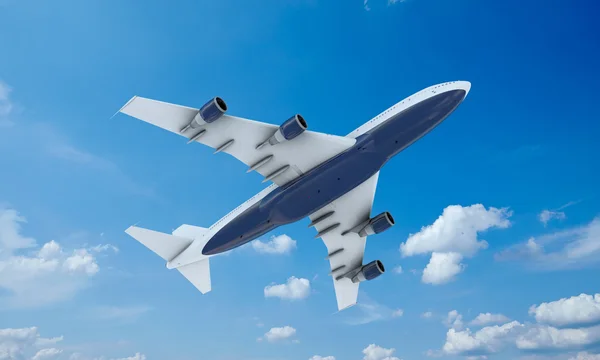 White plane flying in sky and clouds. Airplane boeing 747