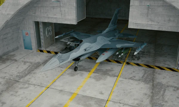 F 16 , american military fighter plane. Militay base, hangar, bunker
