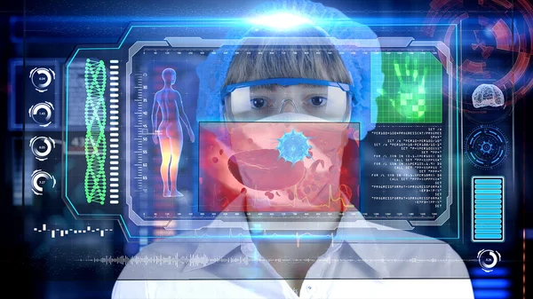 Female Doctor with futuristic hud screen tablet. Bacteria, virus, microbe. Medical concept of the future