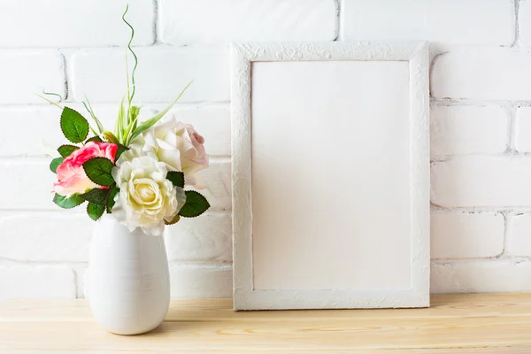Shabby chic style white frame mockup with pink roses