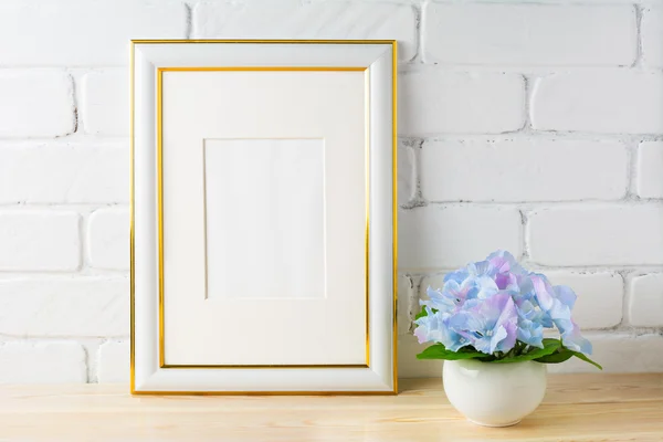 White frame mockup with blue hydrangea