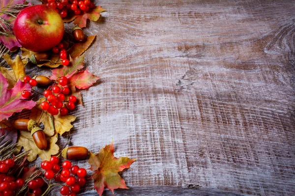 Border of fruits and fall leaves on the dark wooden background