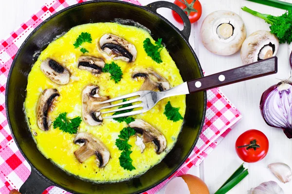 Healthy and Diet Food: Scrambled Eggs with Mushrooms and Vegetab