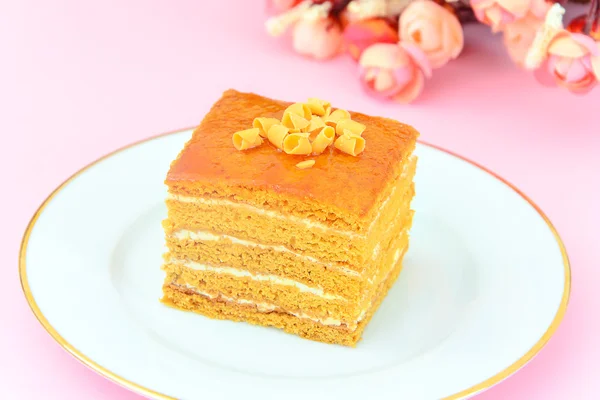 Cake with Condensed Milk, Nuts and Honey. Tea, Tableware.