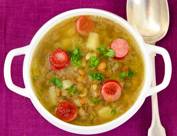 Healthy and Diet Food: Soup with Lentils and Sausage.