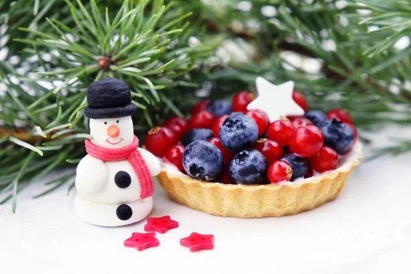 Christmas Background - cake with berries and a snowman