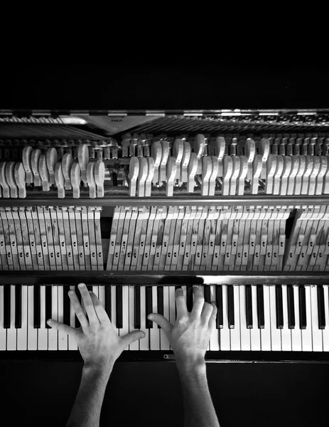 Hands pianist on a old piano keyboard in black and white