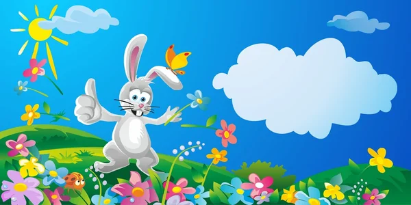 Happy bunny throwing flowers. Nature field with green grass, flowers at meadow and water drops dew on green leaves. Summer sunny landscape. Vector flat illustration