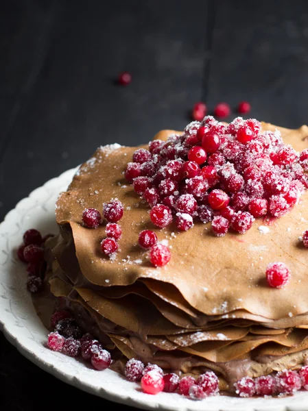 Chocolate Mousse Crepe Cake with Cranberry Curd