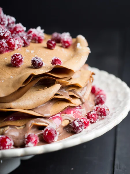 Chocolate Mousse Crepe Cake with Cranberry Curd