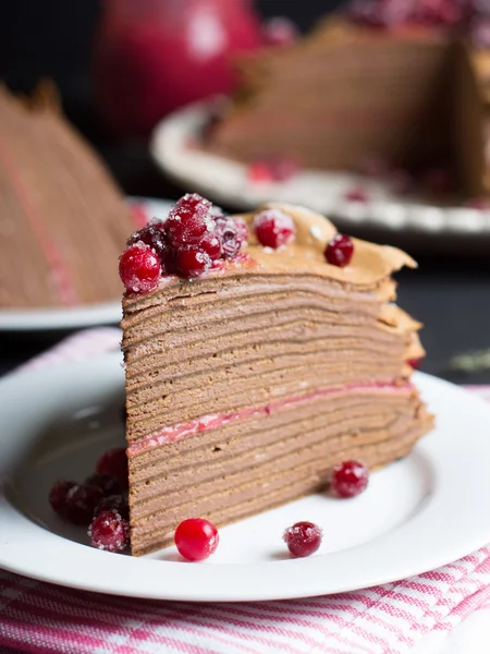 Chocolate Mousse Crepe Cake with Cranberry Curd