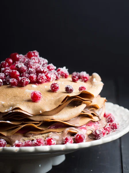 Chocolate Mousse Crepe Cake with Cranberry Curd