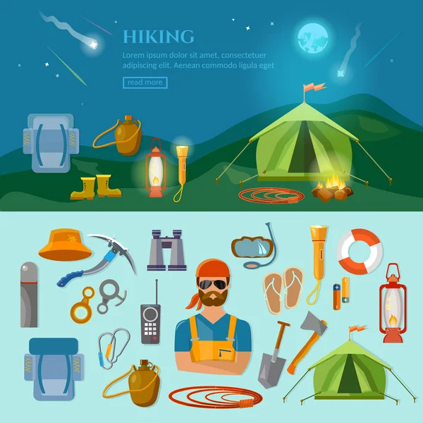 Camping hiking extreme sports vector flat background and objects