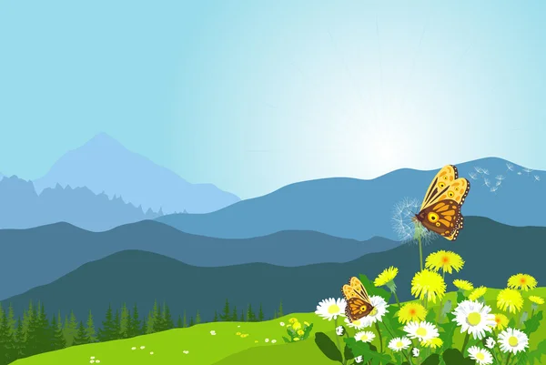 Beautiful mountain landscape with flowers and butterflies