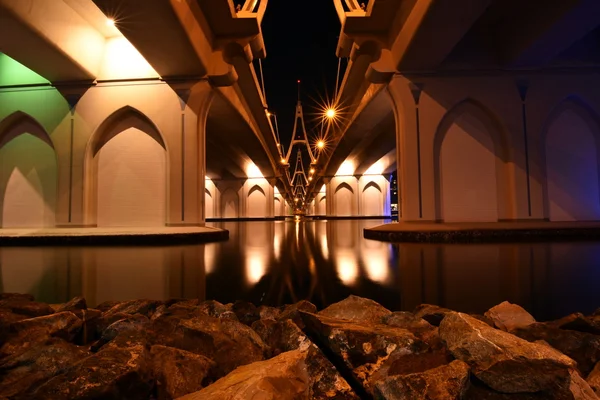 Business Bay Bridge and walk at night with long exposure, Dubai, UAE