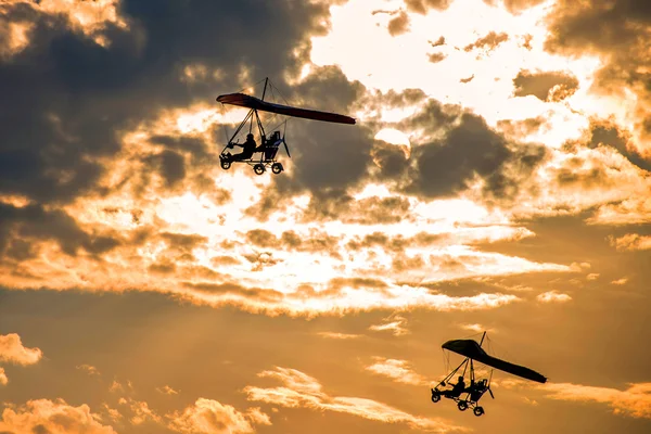 Hang gliders flying in the evening sky