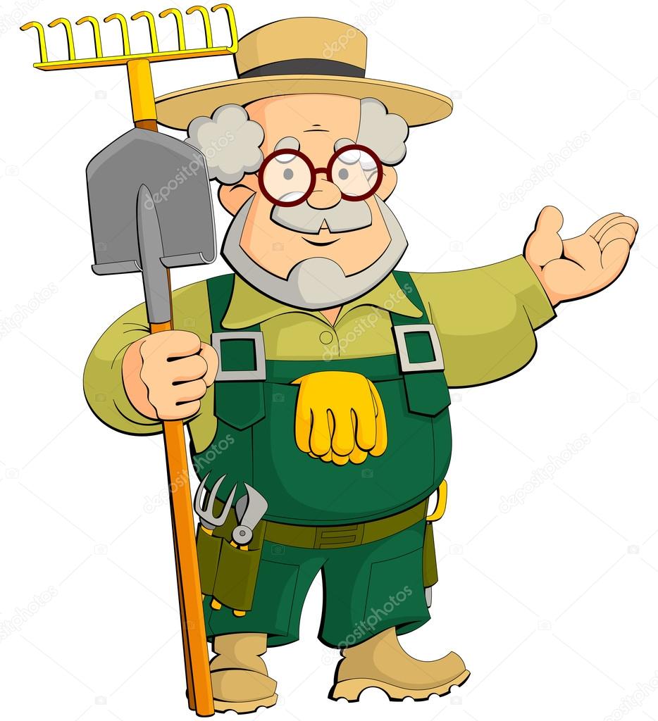 De oude tuinman cartoon met een schop en een hark — Stockvector