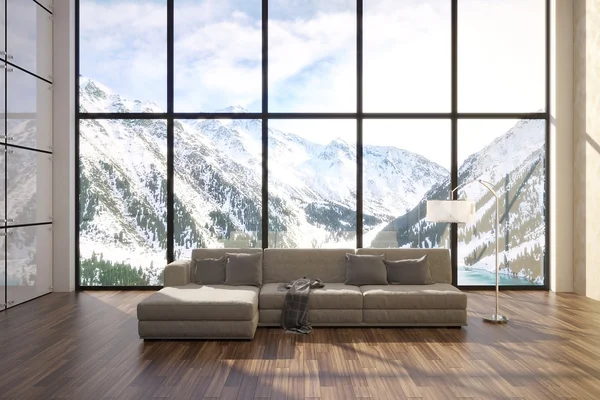 3d illustration of comfortable contemporary interior with amazing evening scenery view of mountains