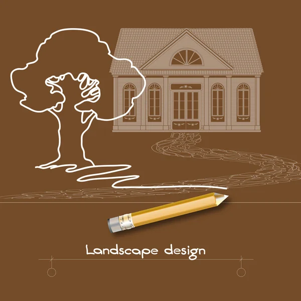 Contour tree, house, stone pathway, pencil and words Landscape design