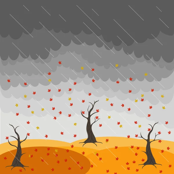 Autumn landscape with trees and fields. Leaf fall image. Wind. Clouds. Rain. Nature illustration