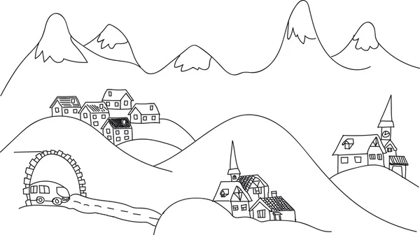 Sketch, Alpine a picture of mountains, houses, tunnel, bus and snow-capped mountains, black and white, on a transparent background