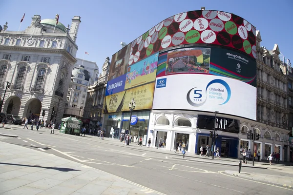 Tilted view of large screen in Piccadilly circus.