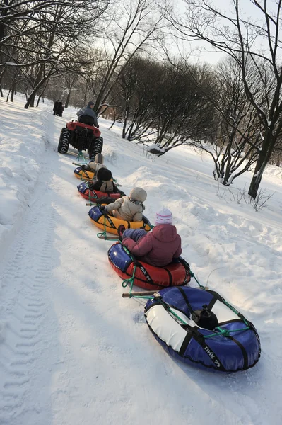 Children on a sledge in a city park